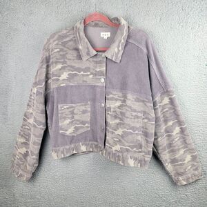 POL Corduroy Jacket Womens Large Gray Grey Camo Button Up Color Block Biker